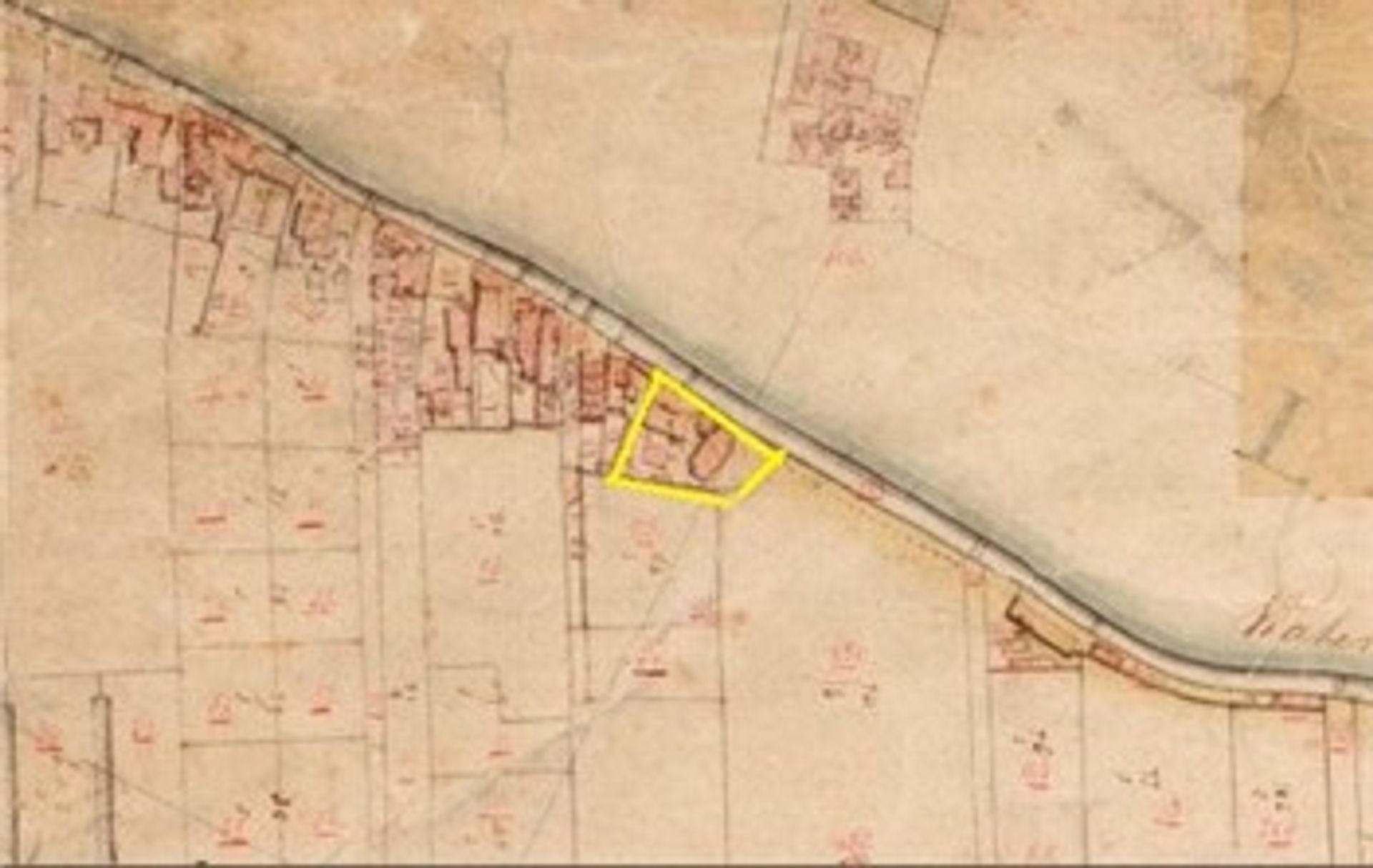 Kadasterkaart van 1832 met het huis op perceel 122 en 123.
