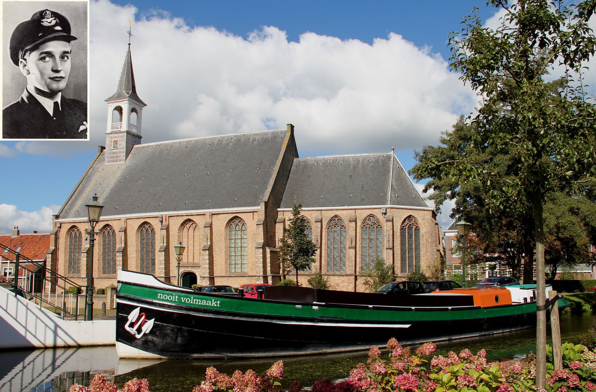 Schip 'Nooit volmaakt' in Schipluiden. Inzet: Cees Waardenburg.