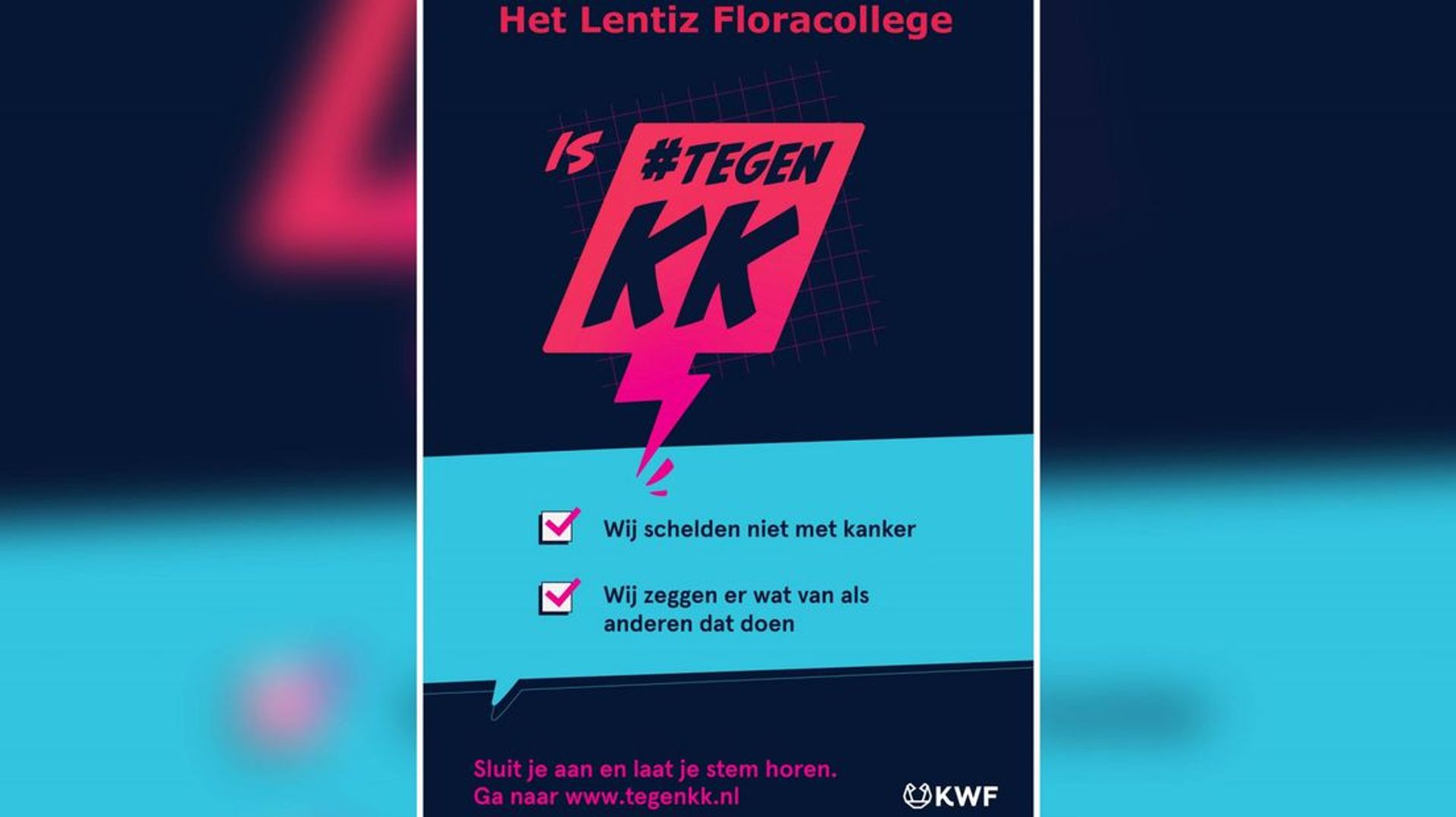 In de gangen van het Floracollege hangen posters tegen het schelden met kanker