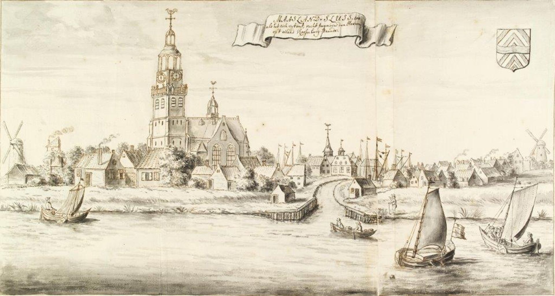 Gezicht op Maassluis door Gerard van Giessen, 1729. Uiterst links de runmolen met schuur.